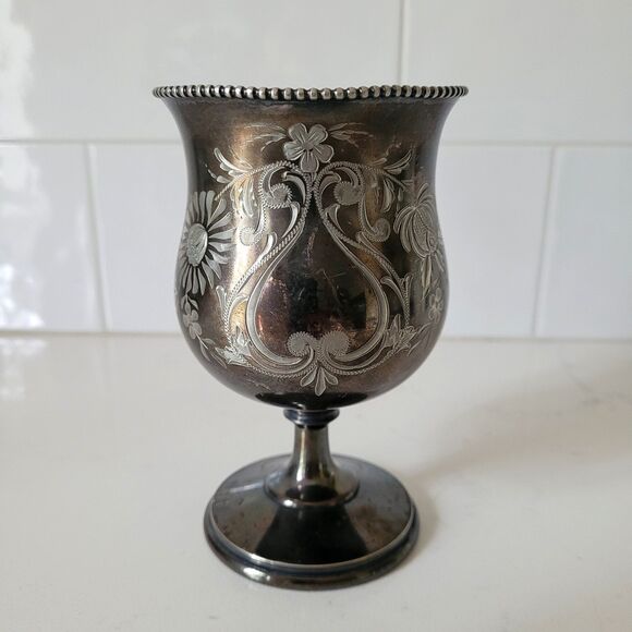 Antique Meriden B Britannia Company 442 Silverplate Floral Etched Goblet Cup Vtg - Picture 7 of 16